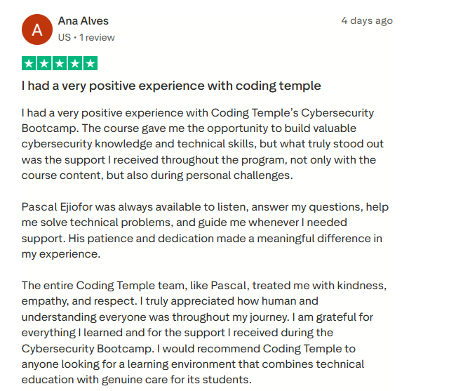 Review by Ana Alves on Trustpilot · Coding Temple