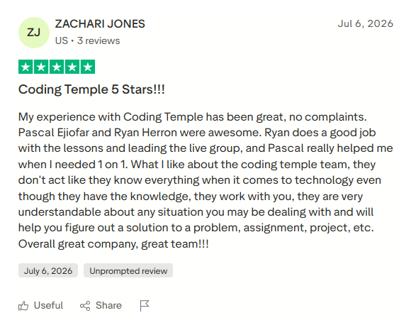 Review by Zachari Jones on Trustpilot · Coding Temple