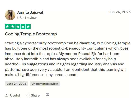 Review by Amrita Jaiswal on Trustpilot · Coding Temple