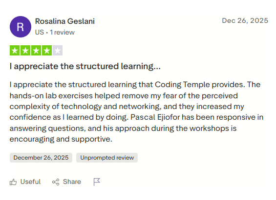 Review by Rosalina Geslani on Trustpilot · Coding Temple