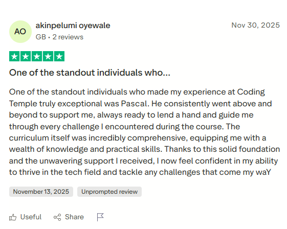 Review by Akinpelumi Oyewale on Trustpilot · Coding Temple